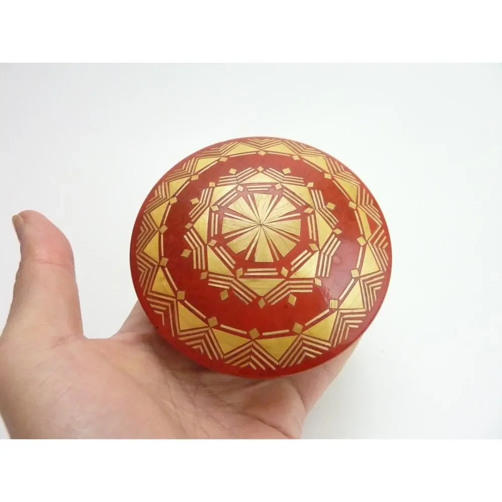 Vintage Wood Lacquer Mandala Box Round Indian Trinket Case Red Keepsake Decor